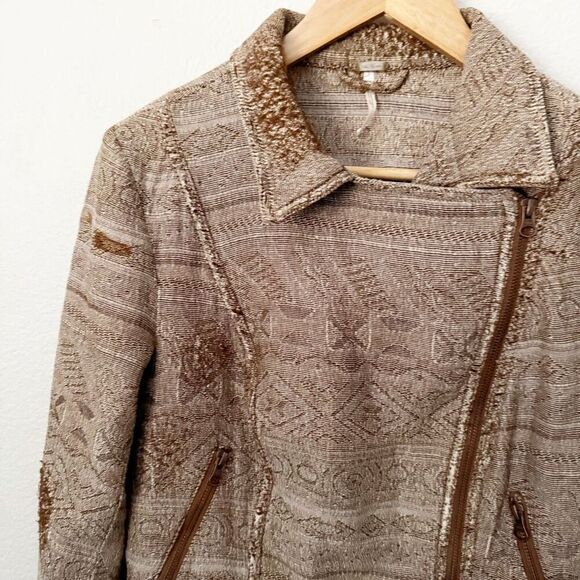 FREE PEOPLE | Brown Tapestry Moto Style Jacket Asymmetrical Zipper | Size 10 - Picture 2 of 9